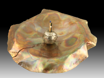 The Earth is Our Ashtray Ashtry Fine silver, copper, ceramic, wooden matchsticks Hand fabricated, kiln fired, torched The Earth is Our Ashtray Ashtry Fine silver, copper, ceramic, wooden matchsticks. Hand fabricated, kiln fired, torched