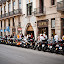 Motorcycles parked along the Ramblas
