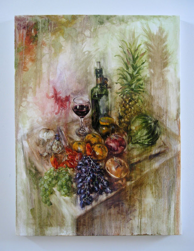 still life with grape, orange, wine, etc
