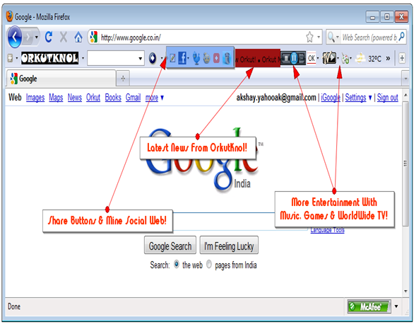 orkutknol toolbar with Handy social links, Entertainment features like Music, games & TV