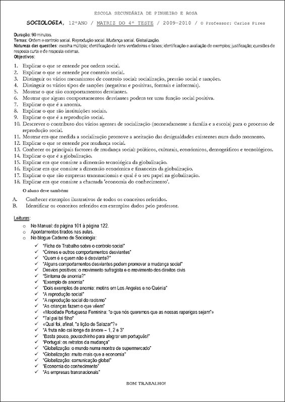 Matriz do 4º teste Sociologia 2010