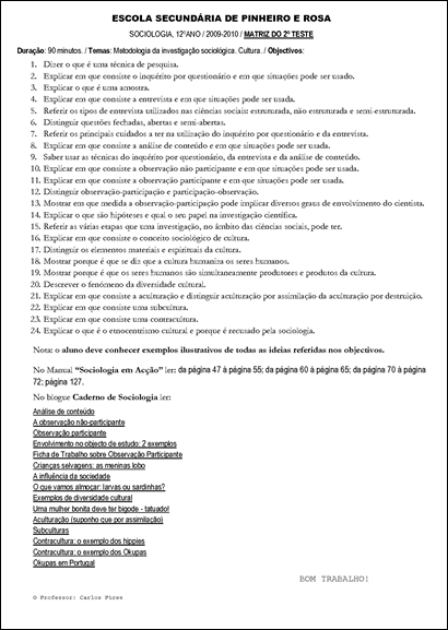 Matriz do 2º teste Sociologia 09