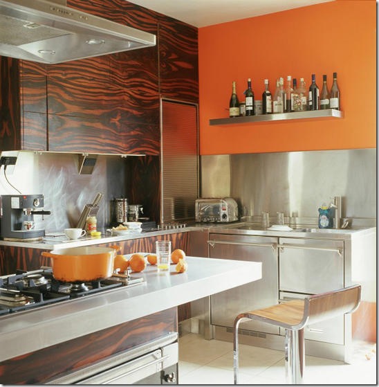 Real Home: kitchen, bold colour orange, dark wood ebony macassar pattern veneer units, storage cupboards, stainless steel worktop, splashback. Pub orig L etc 12/2005 p26 real home Real Home: kitchen, bold colour orange, dark wood ebony macassar pattern veneer units, storage cupboards, stainless steel worktop, splashback. Pub orig L etc 12/2005 p26 real home