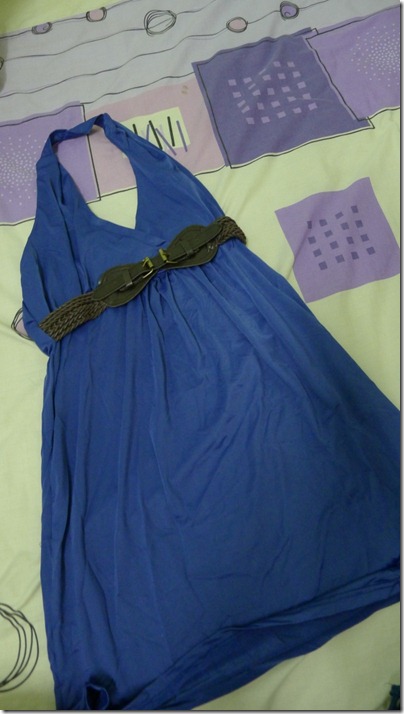 halter neck blue mini dress with pseudo-belt