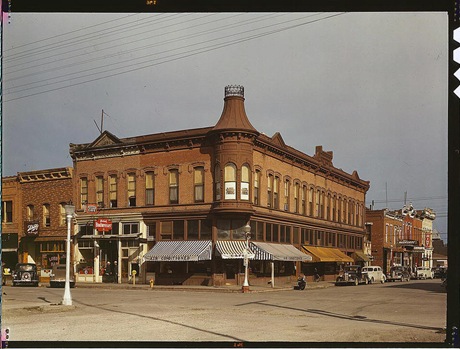 Street corner. Dillon, Montana, August 1942. Reproduction from color slide. Photo by Russell Lee. Prints and Photographs Division, Library of Congress
