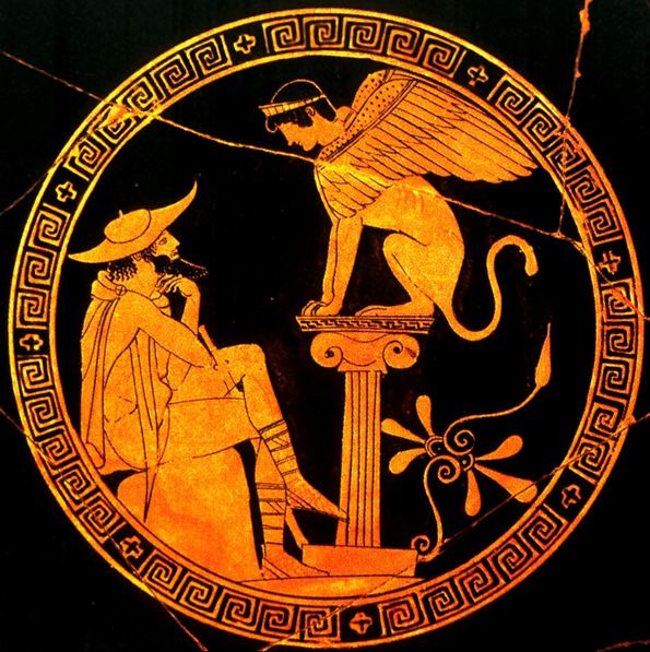 Oedipus-Sphinx Red-figure kylix by Douris Oedipus-Sphinx Red-figure kylix by Douris