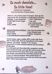 Chocolate fudge nut squares recipe card inside