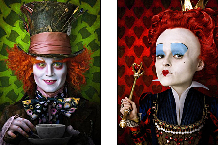 Johnny Depp como o Chapeleiro Louco e Helena Bonham Carter como a Rainha Vermelha