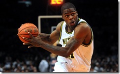 Michigan forward DeShawn Sims (#34) plays against Duke at Madison Square Garden in New York City on November 22, 2008. This was the final round of the 2K Sports Classic benefiting Coaches vs Cancer. (CLIF REEDER/Daily)