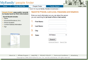 Home page of MyFamily People Finder in 2005