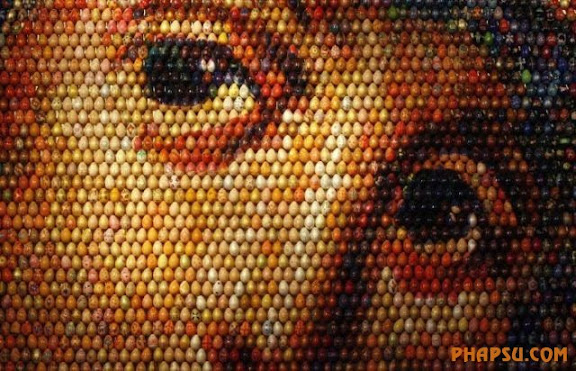 A mosaic of the Virgin Mary is displayed during its unveiling ceremony in Kiev January 13, 2010. The artwork, created by Ukrainian artist Oksana Mas, is made from 15,000 painted Easter eggs. REUTERS/Stringer (UKRAINE - Tags: SOCIETY RELIGION)
