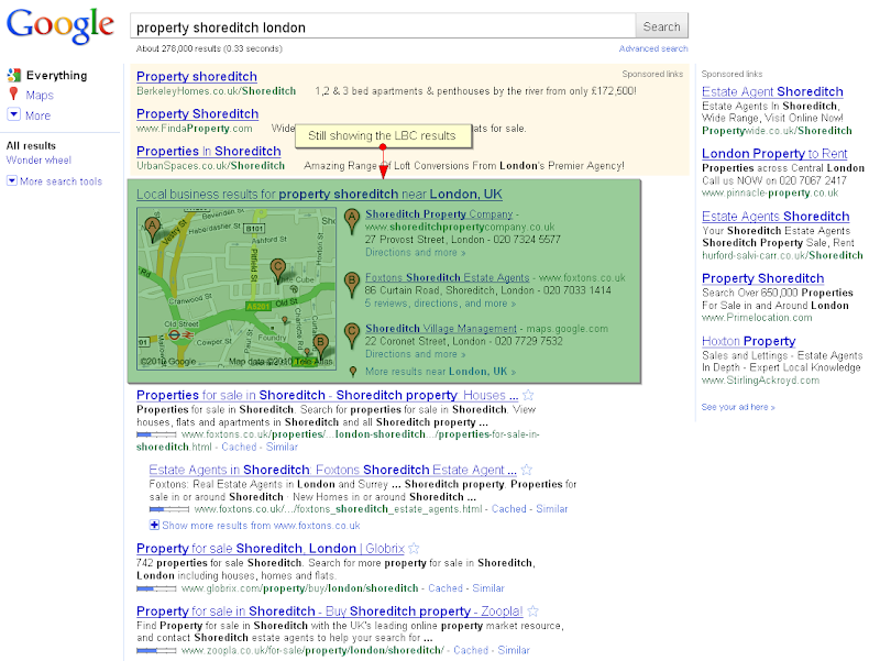 Google universal web search showing no property listings on Map