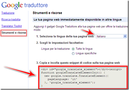 come mettere traduttore google automatico blogger wordpress