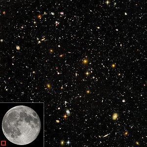 Galaxias visibles en un área igual a la del pequeño cuadrado ubicado en la esquina inferior izquierda, mucho menor que la Luna. Galaxias visibles en un área igual a la del pequeño cuadrado ubicado en la esquina inferior izquierda, mucho menor que la Luna.