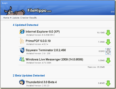Filehippo Update Checker Screenshot showing Results