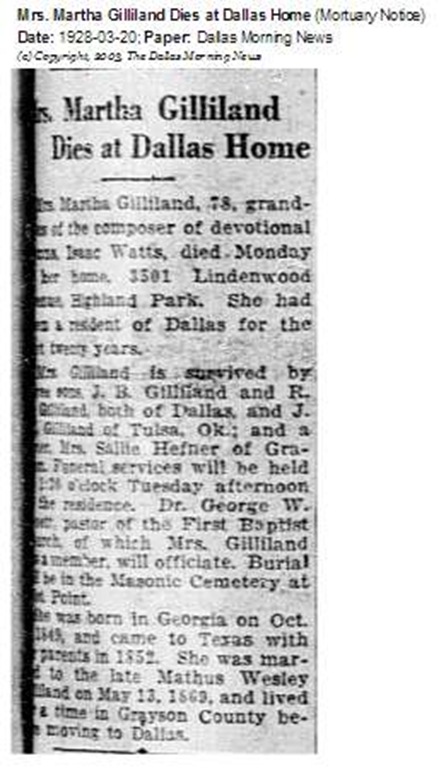 Martha Mattie Masters Gilliland Obituary