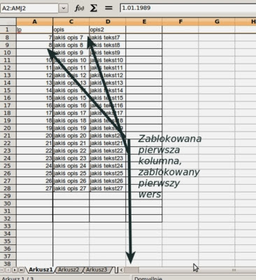 Jednoczesne blokowanie wiersza i kolumny w arkuszu kalkulacyjnym typu Excel Open office Calc Jednoczesne blokowanie wiersza i kolumny w arkuszu kalkulacyjnym typu Excel Open office Calc