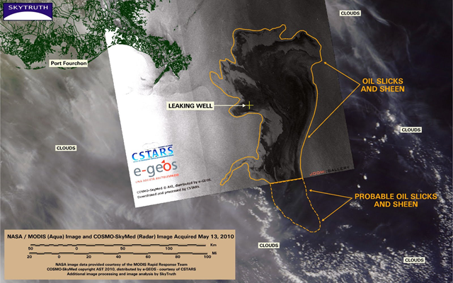 COSMO-SkyMed radar image (black-and-white) superimposed on cloudy NASA / MODIS image. Both images taken May 13, 2010. Radar image courtesy CSTARS. SkyTruth