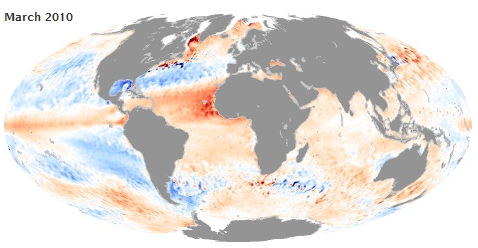 Sea surface temperature anomaly, March 2010. Sea surface temperature is the temperature of the top millimeter of the ocean&rsquo;s surface. An anomaly is a departure from average conditions. These maps compare temperatures in a given month to the long-term average temperature of that month from 1985 through 1997. NASA Earth Observatory