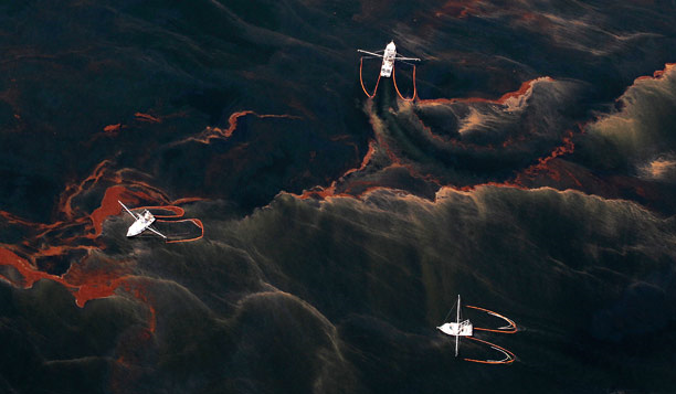 Attempts to contain and clean up the oil slick created by the explosion on the Deepwater Horizon rig continue. The slick continues to grow by the day and move perilously close to the shore of the US's southern states. In this photo, shrimp boats are used to collect oil with booms in the waters of Chandeleur Sound, Louisiana. Picture: AP