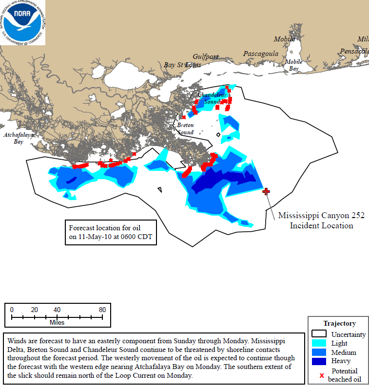 Projected oil spill path to 11 May 2010. Deepwater Horizon 72Hr Trajectory Map: The 72 hour trajectory forecast is prepared by NOAA / NOS / OR&R.