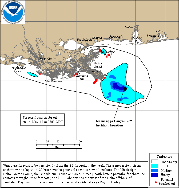 Projected oil spill path to 14 May 2010. Deepwater Horizon 72Hr Trajectory Map: The 72-hour trajectory forecast is prepared by NOAA / NOS / OR&R.