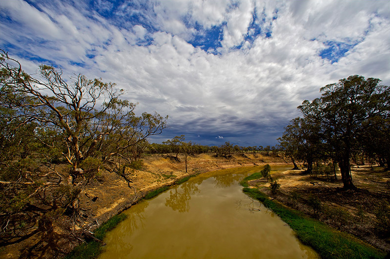 Winding across 400 miles of South Eastern Australia&rsquo;s dry landscape, the Murray-Darling river system struggles to sustain much of the country&rsquo;s agriculture. Due to the effects of drought and man, the Wakool River near Swan Hill no longer tops its banks (J. Carl Ganter / Circle of Blue).