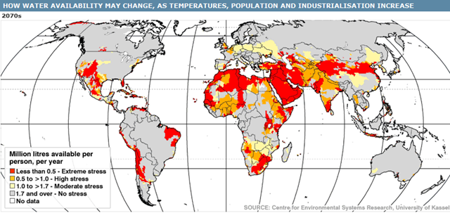 Projected global water stress in 2070. BBC / Centre for Environmental Systems Research, University of Kassel