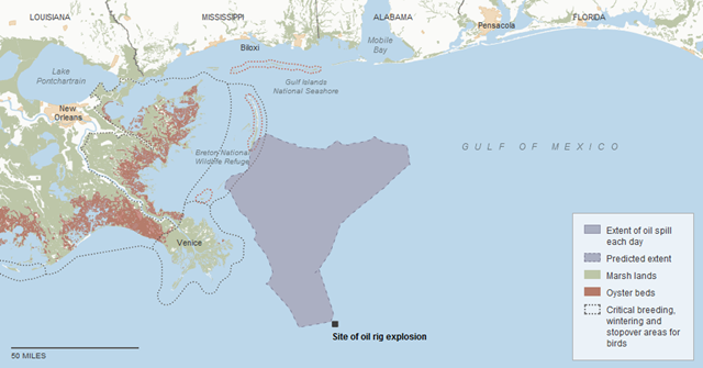 Tracking the Oil Spill: The map sequence shows how the oil spill has been spreading in the Gulf of Mexico. Each day&rsquo;s outline reflects the most current estimate by the National Oceanic and Atmospheric Administration for the extent of the spill on that day. By The New York Times. Sources: National Oceanic and Atmospheric Administration, U.S. Coast Guard