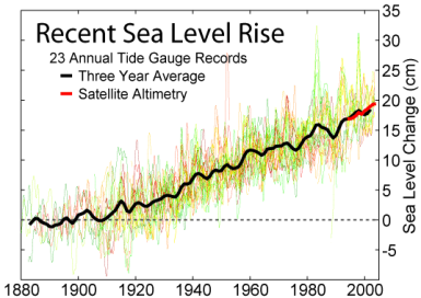 Sea level measurements from 23 long tide gauge records in geologically stable environments show a rise of around 20 centimeters (8 inches) per century, or 2 mm/year.