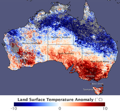 NASA map by Jesse Allen, based on MODIS land surface temperature data 