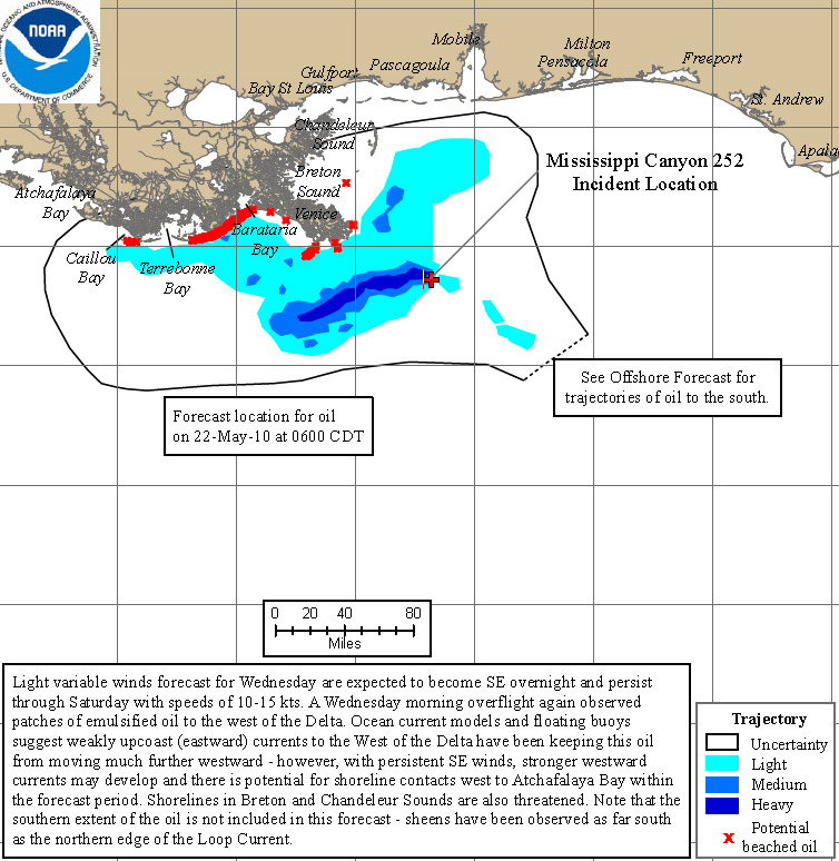 Projected oil spill path to 22 May 2010. Deepwater Horizon 72Hr Trajectory Map: The 72-hour trajectory forecast is prepared by NOAA / NOS / OR&R.