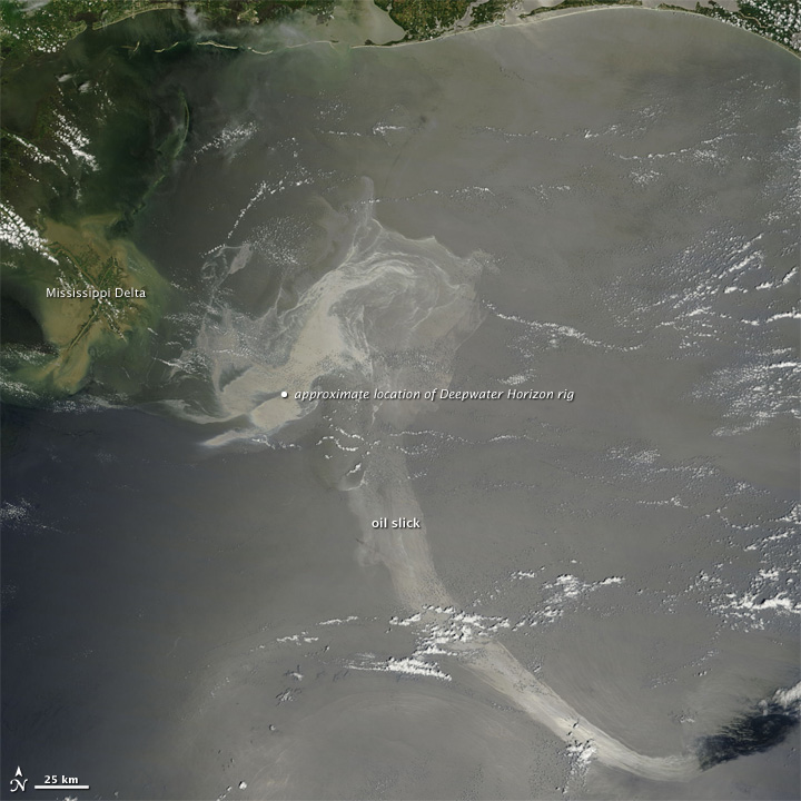 The BP oil spill in the Gulf of Mexico. On May 17, 2010, when the Moderate Resolution Imaging Spectroradiometer (MODIS) on NASA’s Terra satellite acquired this natural-color image, a large patch of oil was visible near the site of the accident, and a long ribbon of oil stretched far to the southeast. NASA image by Jeff Schmaltz, MODIS Rapid Response Team.  