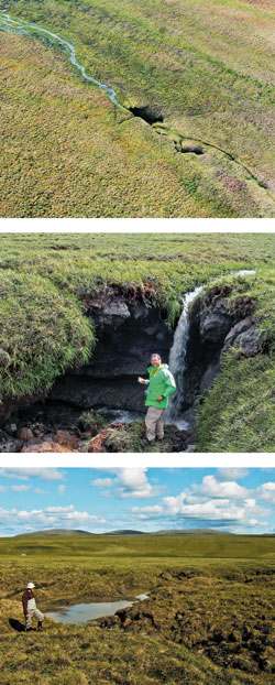 RIP IN THE TUNDRA The Toolik River thermokarst in 2003 when it formed and as it looks today (bottom). Mike Gooseff (top, middle), Lisa Jarvis / C & EN (bottom)