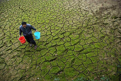 A farmer carries pails to transport water from a partially dried-up pond at the outskirts of Yingtan, Jiangxi province February 5, 2009. China has declared an emergency over a drought which could devastate crops and farmers' incomes, official media said on Thursday, threatening further hardship amid slumping economic growth. REUTERS / Stringer