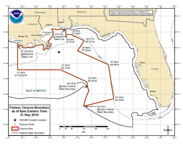 Gulf of Mexico area fishery closure boundary, 31 May 2010. NOAA