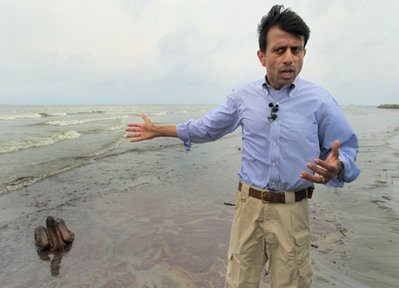 Louisiana Gov. Bobby Jindal talks to the media in front of a Brown Pelican mired in oil on the beach at East Grand Terre Island along the Louisiana coast, Thursday, June 3, 2010. AP Photo / Charlie Riedel Louisiana Gov. Bobby Jindal talks to the media in front of a Brown Pelican mired in oil on the beach at East Grand Terre Island along the Louisiana coast, Thursday, June 3, 2010. AP Photo / Charlie Riedel