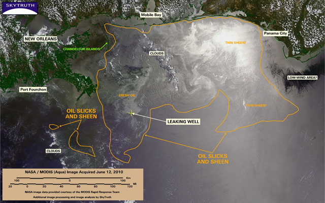 This MODIS/Aqua satellite image, taken on June 12, 2010 has a broad sunglint pattern centered on the eastern Gulf that effectively illuminates the main oil slick as well as areas of what we interpret as much thinner sheen. The bright band of sunglint spanning this image reveals fine structure in areas to the east of what we interpret as the main area of oil slick. MODIS/Aqua satellite image taken June 12, 2010 with SkyTruth analysis