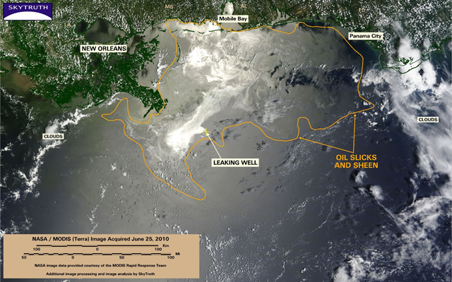 MODIS / Terra satellite image taken June 25, 2010, showing the BP / Gulf oil spill, with SkyTruth analysis.