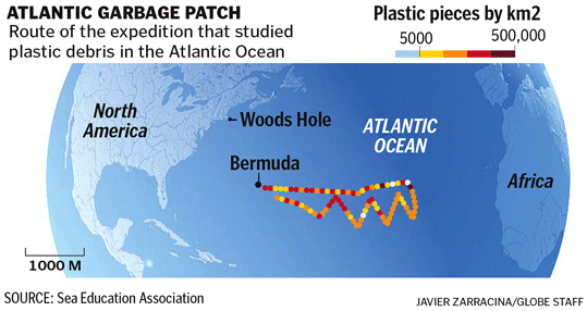 Atlantic Garbage Patch and the route of the expedition that studied plastic debris in the Atlantic Ocean. Javier Zarracina / Globe staff / Sea Education Association