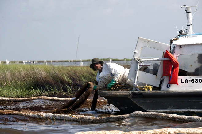 Wesley Phillpott pulls soiled boom from the marsh grass in Barataria Bay, Louisiana, 27 July 2010. Officials plan to roll out a range of new tactics to retrieve the boom. Rush Jagoe for The Wall Street Journal