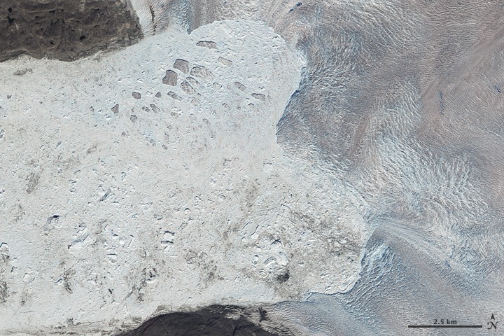 Jakobshavn Glacier, acquired July 10, 2010. NASA Earth Observatory image created by Jesse Allen and Robert Simmon, using EO-1 ALI data provided courtesy of the NASA EO-1 team. Caption by Michon Scott and Ted Scambos, National Snow and Ice Data Center