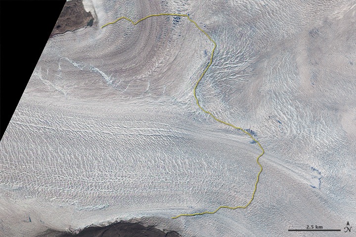 Jakobshavn Glacier, acquired July 14, 2001. NASA Earth Observatory image created by Jesse Allen and Robert Simmon, using EO-1 ALI data provided courtesy of the NASA EO-1 team. Caption by Michon Scott and Ted Scambos, National Snow and Ice Data Center.