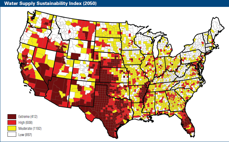 Water Supply Sustainability Index (2050). Climate change will have a significant impact on the sustainability of water supplies in the coming decades. The study found that more than 1,100 counties -- one-third of all counties in the lower 48 -- will face higher risks of water shortages by mid-century as the result of global warming. More than 400 of these counties will face extremely high risks of water shortages. Tetra Tech / Natural Resources Defense Council (NRDC)