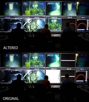Above is an altered image of BP's Houston command center, and below is the photo that BP released after the alteration was uncovered by a blogger, who spotted it due to poor Photoshop handiwork. Marc Morrison / BP