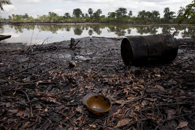 As many as 546 million gallons of oil spilled into the Niger Delta over the last five decades, or nearly 11 million gallons a year, experts said. Outside Kegbara Dere, Nigeria, land lay ruined from an oil spill earlier this month. Credit: Jane Hahn for The New York Times