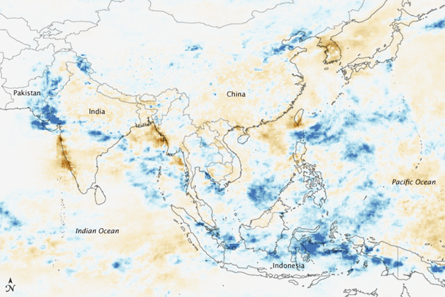 Made with data collected by NASA’s Tropical Rainfall Measuring Mission (TRMM)  satellite, the image shows rain rates (the intensity with which rain was falling) between August 1 and August 9, 2010, compared to average rain rates for the same period. Blue reveals areas where rain was much more intense than normal, while brown points to less intense rain. NASA Earth Observatory image by Jesse Allen, using near-real-time data provided courtesy of TRMM at Goddard Space Flight Center