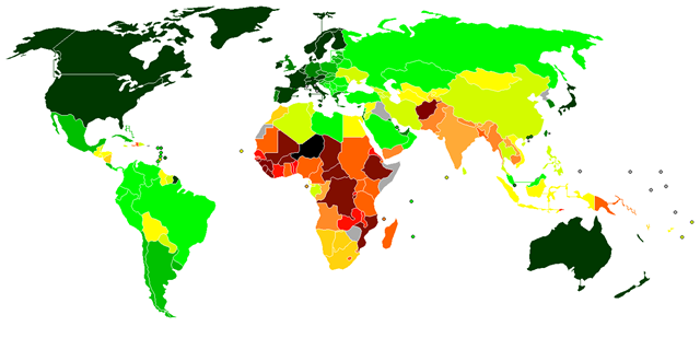 World map indicating the Human Development Index, based on 2007 data, published on October 5, 2009. wikipedia.org