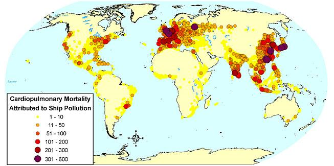 Deaths caused by shipping emissions are focused in Europe, Asia and the Eastern US. Pollution from ships, in the form of tiny airborne particles, kills at least 60,000 people each year. ACS / newscientist.com