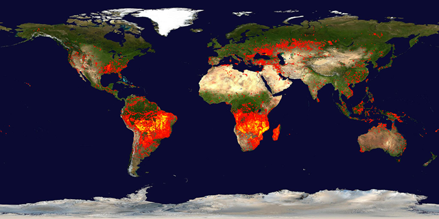 Global Fire Map, 18-27 September 2010. This fire map accumulates the locations of the fires detected by MODIS on board the Terra and Aqua satellites over a 10-day period. Each colored dot indicates a location where MODIS detected at least one fire during the compositing period. Color ranges from red where the fire count is low to yellow where number of fires is large. MODIS Rapid Response System Global Fire Maps, rapidfire.sci.gsfc.nasa.gov